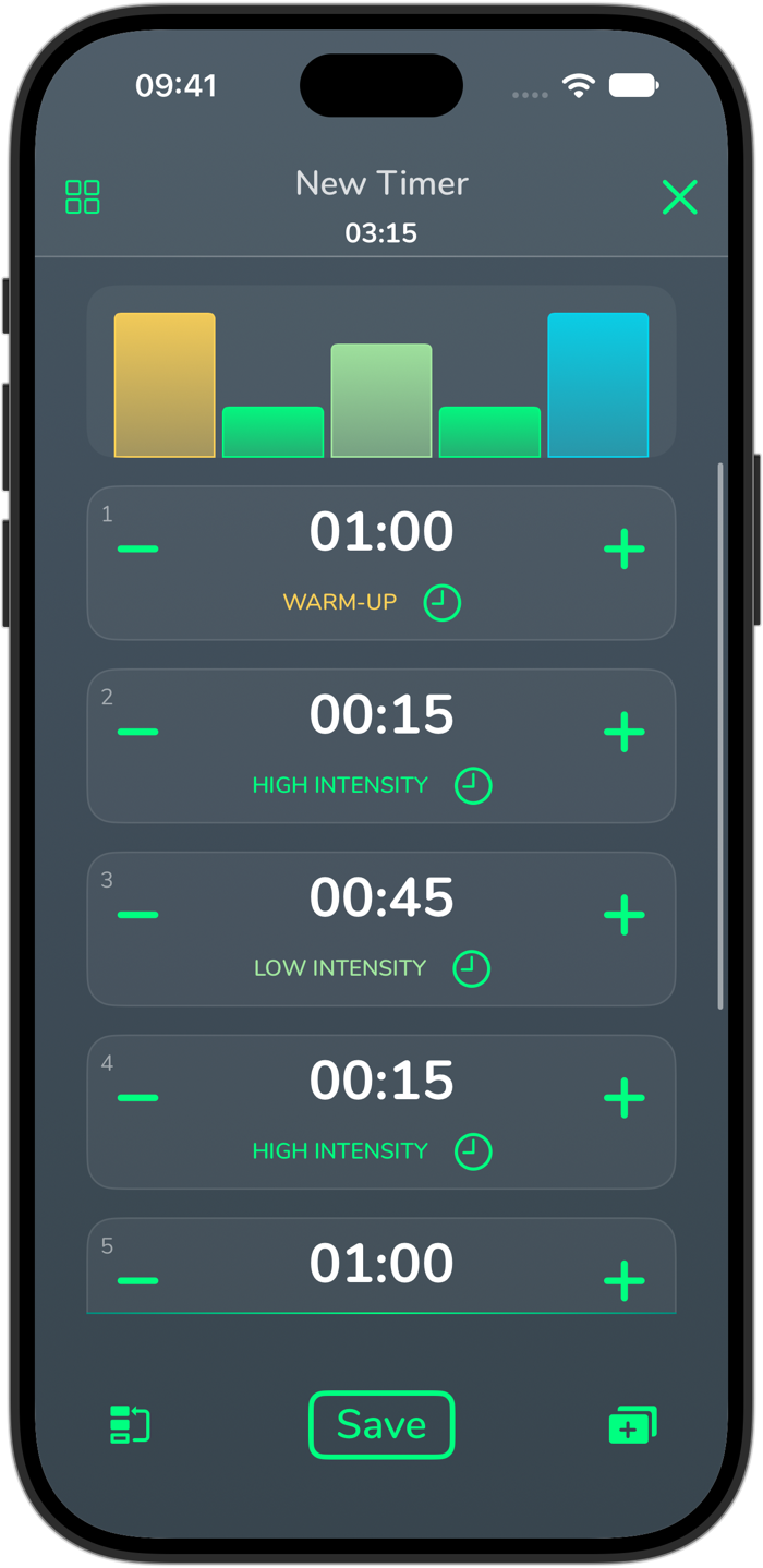 Cero’s interval builder on iPhone 18 Pro, with the template picker, warm-up, work, recovery and cool-down intervals, and per-interval timing controls