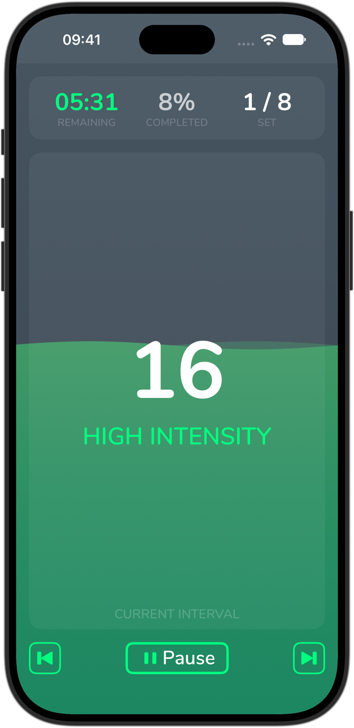 Cero’s simple timer on iPhone 18 Pro, with the green wave about half full during a high-intensity interval